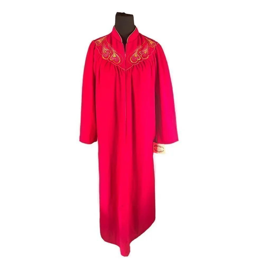 Vintage 80’s cachet ruby fuchsia woman’s nightwear zip up robe large embroidered